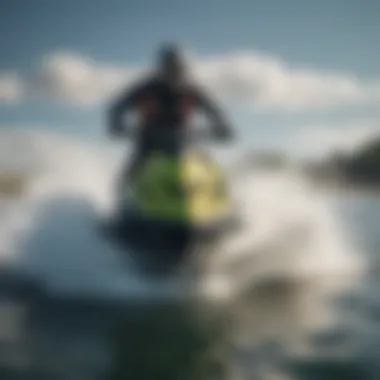 An exciting moment of a jet skier speeding across the water surface.