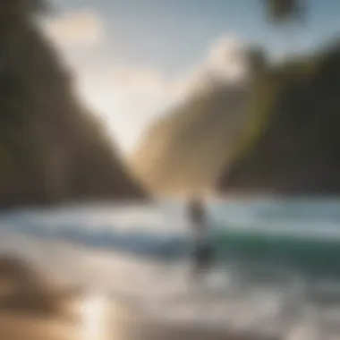 A serene beach scene with surfers preparing for an exciting day