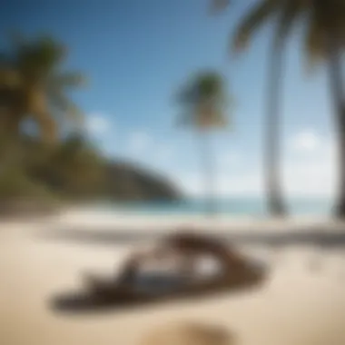 Olukai Moku sandals displayed against a backdrop of a serene beach setting.