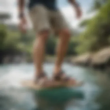 A stylish individual wearing Olukai Moku sandals while engaged in water activities.