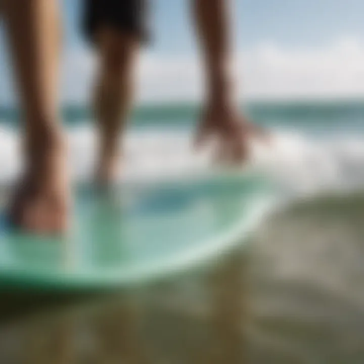 Close-up of speed wax applied on a skimboard