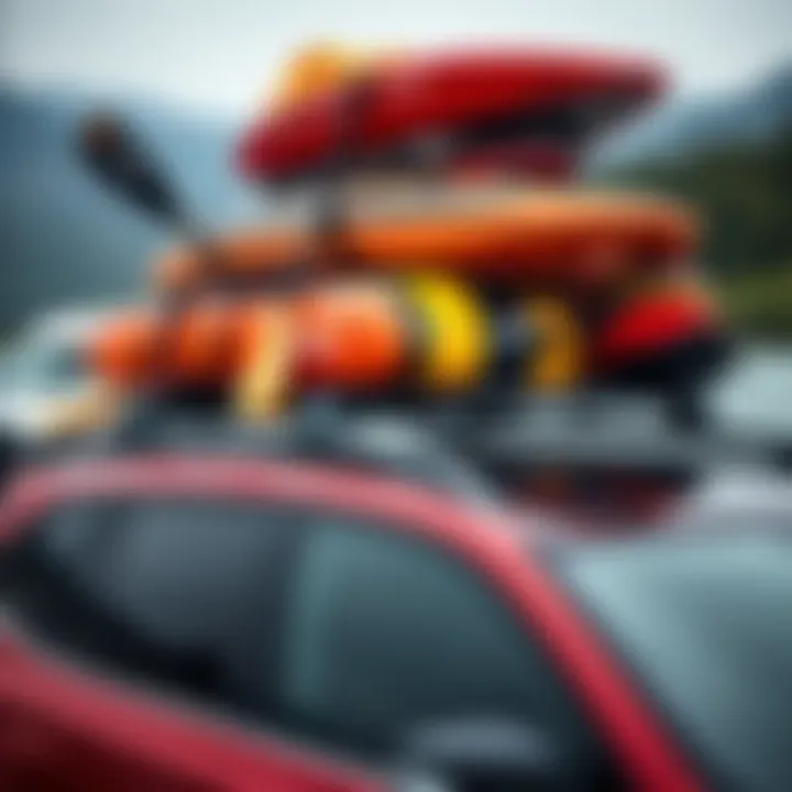 Securely transporting water sports gear with Thule roof racks. Diverse water sports gear secured on Thule roof rack.