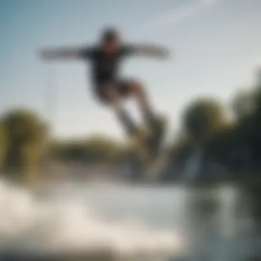 Wakeboarder in Action Thrilling action shot of a wakeboarder performing a jump at the complex.
