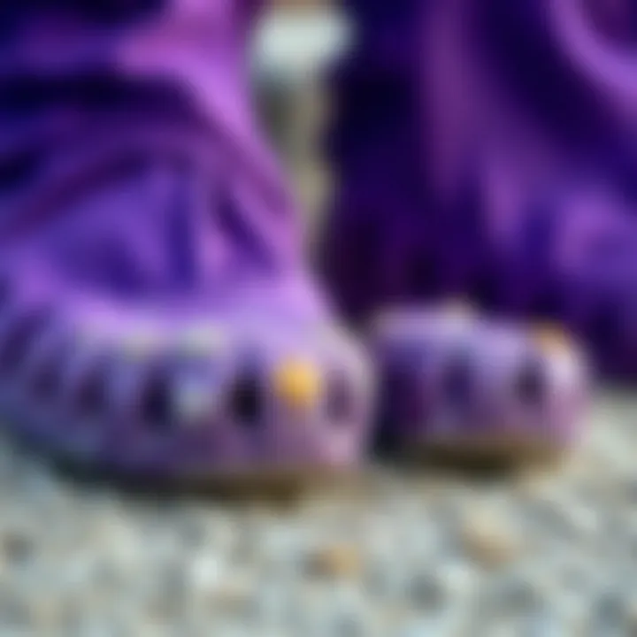 Care tips for maintaining purple Sanuks displayed alongside the shoes