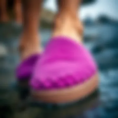 Close-up of purple Sanuks showcasing unique material texture