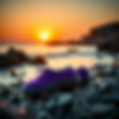 Purple Sanuks on a rocky beach during sunset