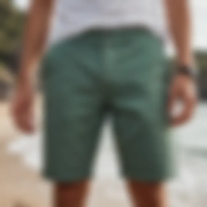 Stylish presentation of Quiksilver Taxer Cord Shorts against a vibrant beach background