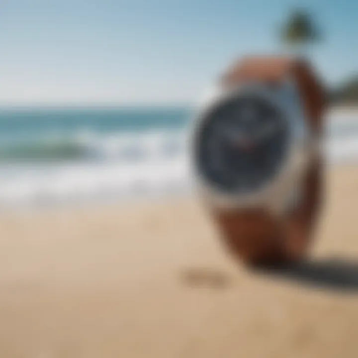 Stylish presentation of the Rip Curl ATS watch on a beach background.