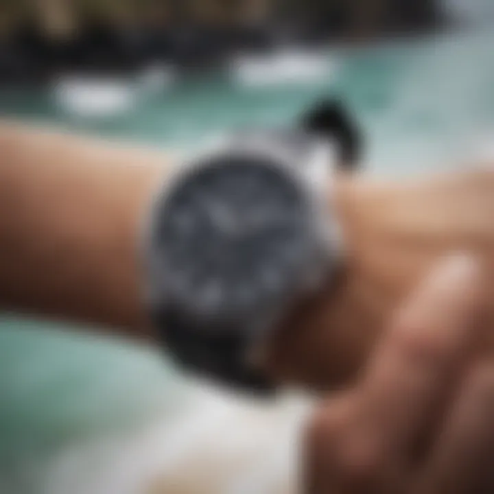 The Rip Curl ATS watch in action during a surfing session.