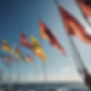 A vibrant display of international sailing flags fluttering in the wind