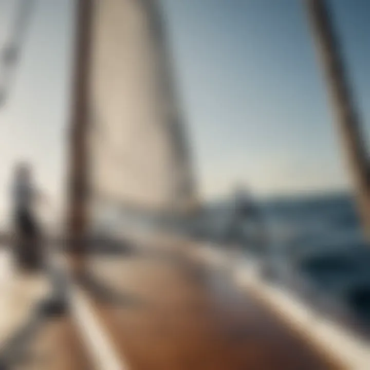 A picturesque view of sailors collaborating on deck, optimizing sail placement for performance.