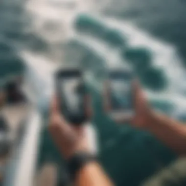 A group of sailors using a wave report app on their mobile devices while at sea.