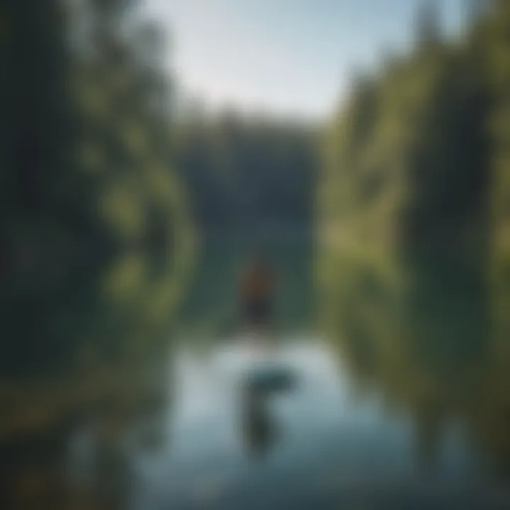 A serene lake scene demonstrating paddle boarding in action