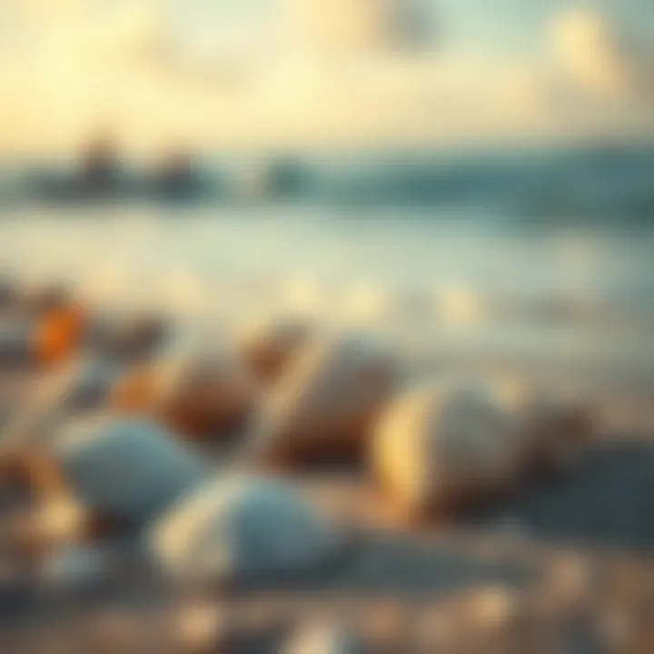 Seashells on Serene Beach Close-up of seashells on a beach with ocean background