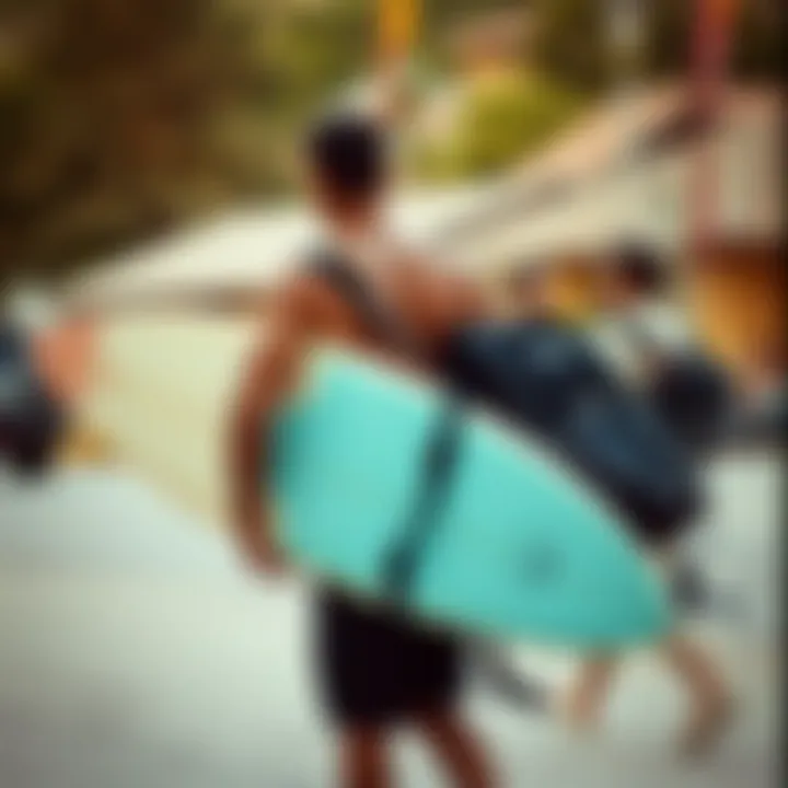 Traveling with the Triple Surfboard Bag A surfer preparing to travel, equipped with a triple surfboard bag.
