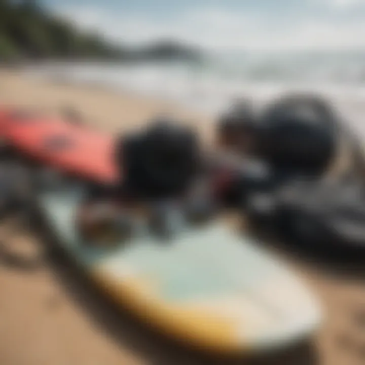 An array of surfing gear laid out on the beach, emphasizing essential equipment for surfers.