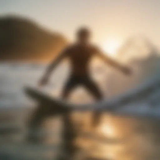 A surfer catching a wave at sunrise