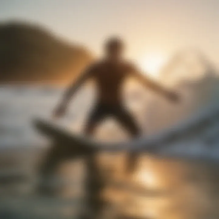 A surfer catching a wave at sunrise