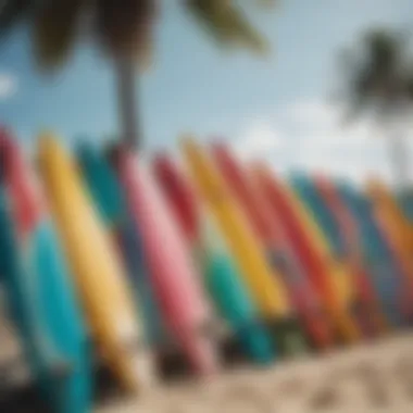 Vibrant beach scene with surfboards lined up