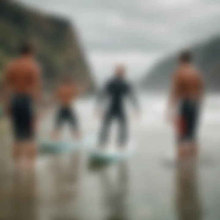 An instructor demonstrating surf etiquette to a group of eager learners