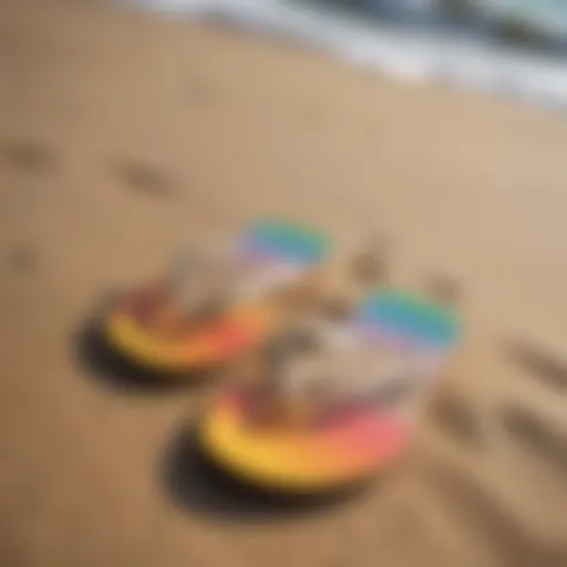 Tan Rainbow flip flops on a sandy beach