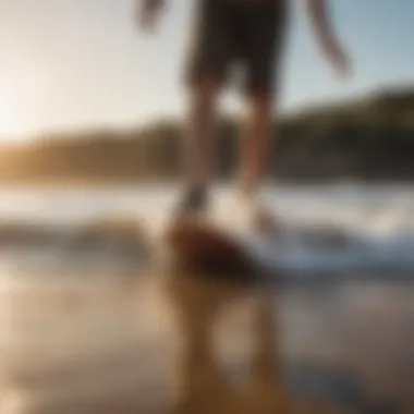 A dynamic scene of finger skimboarding on a sunlit beach showcasing skill and balance.