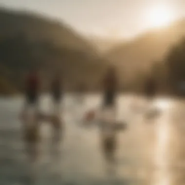 Group of paddle surfers enjoying a sunset session