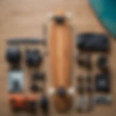 Close-up of longboard gear and accessories laid out