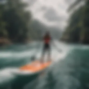 An expansive view of diverse water conditions with paddleboarders navigating waves