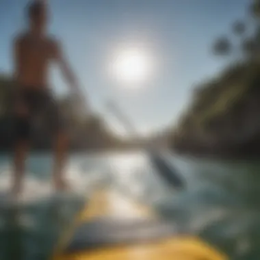 Close-up of a paddleboard paddle immersed in water, showcasing technique