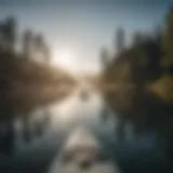 A serene lake reflecting the morning sky with a paddleboarder skillfully gliding across