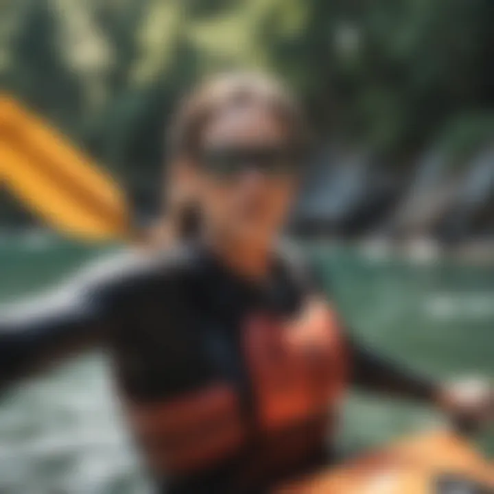 A watersport enthusiast wearing dark sunglasses while kayaking