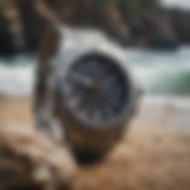 Durable surf watch showcased on a rocky beach background