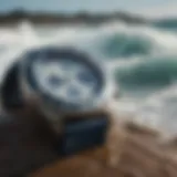 A close-up of a surf watch displaying ocean-inspired design elements