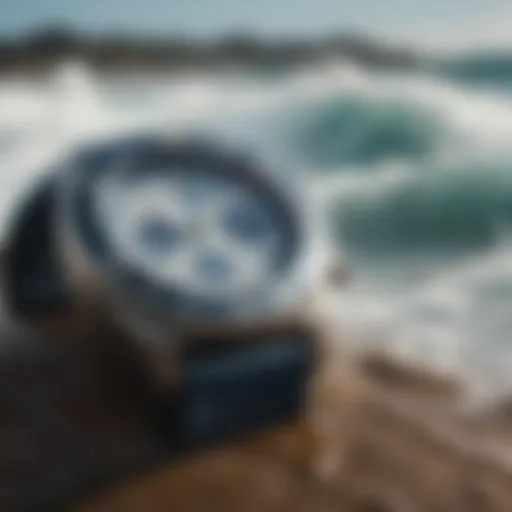 A close-up of a surf watch displaying ocean-inspired design elements