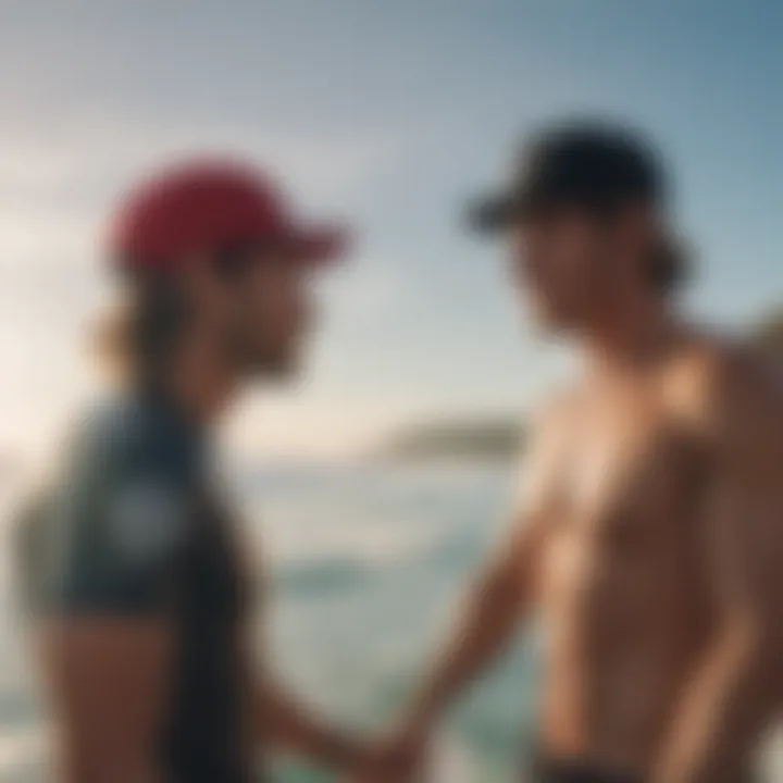 A scenic beach setting showcasing surfers wearing snapbacks