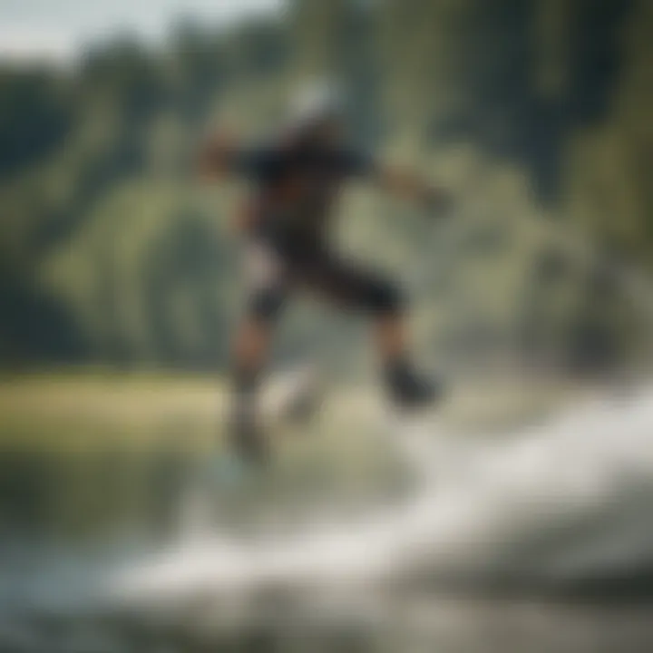 A wakeboarder performing tricks on a lake