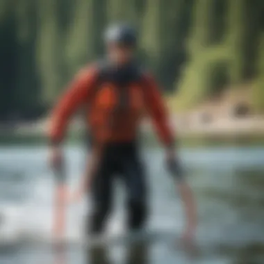 An individual enjoying watersports with a key leash in use.