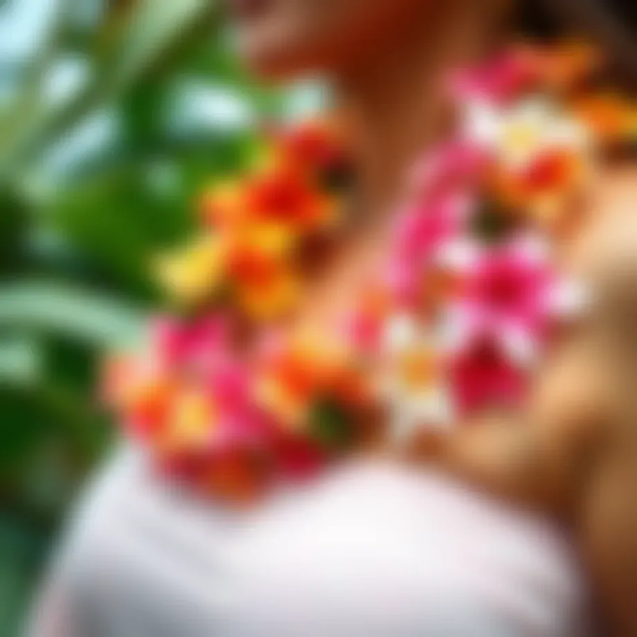 Colorful lei necklace adorned with fresh tropical flowers, showcasing natural beauty