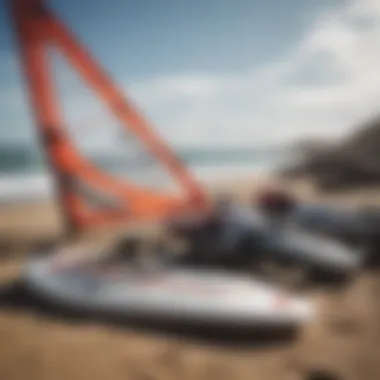 Essential windsurfing equipment laid out on the shore