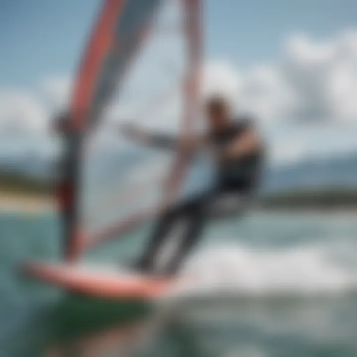 A windsurfer practicing techniques in calm waters