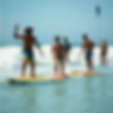 Community Waves: The Evolution of Watersports with Motorized Boards A group of surfers enjoying a day at the beach with motorized surfboards