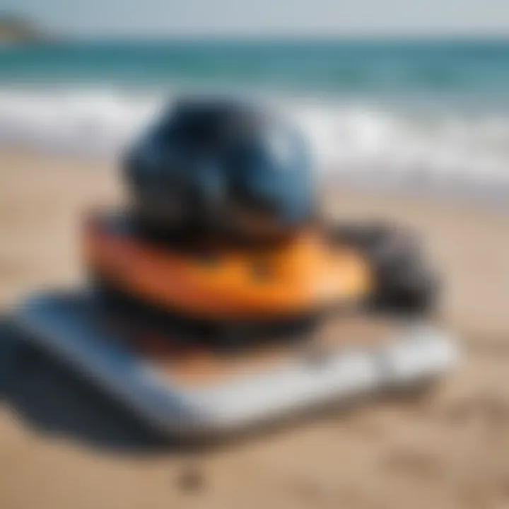 Safety gear and equipment for electric jet board users laid out on a beach