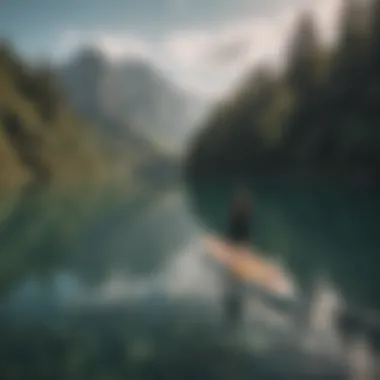 A serene lake showing various paddleboard models