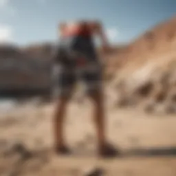 Stylish design of Volcom Stoney boardshorts displayed on a rocky beach